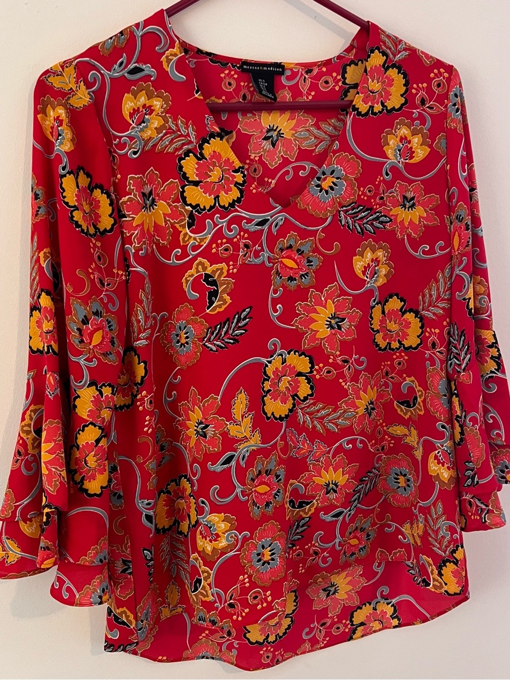 mercer & madison Red Floral 3/4 Flair Sleeve Blouse